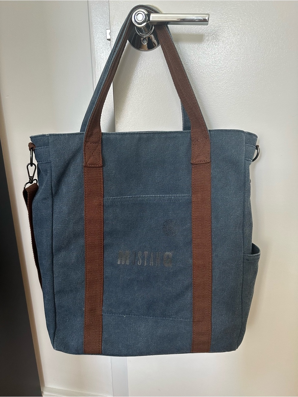 Canvas Messenger Tote in Blue with Brown Straps